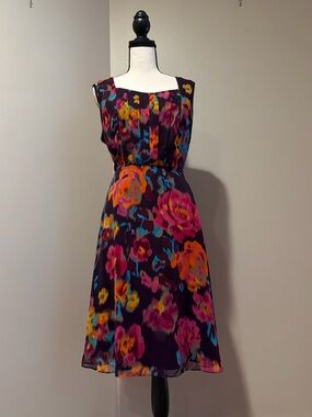 Tahari Plum Floral Midi Dress with Pink, Orange & Blue Blooms